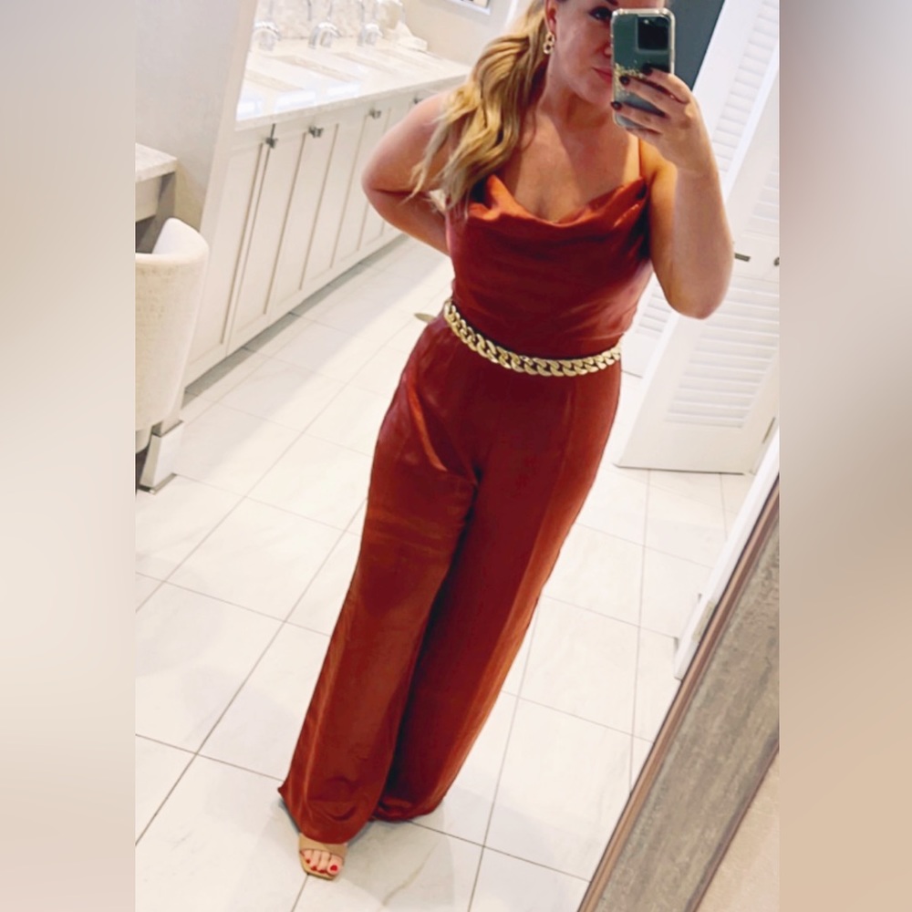 Burnt orange satin jumpsuit